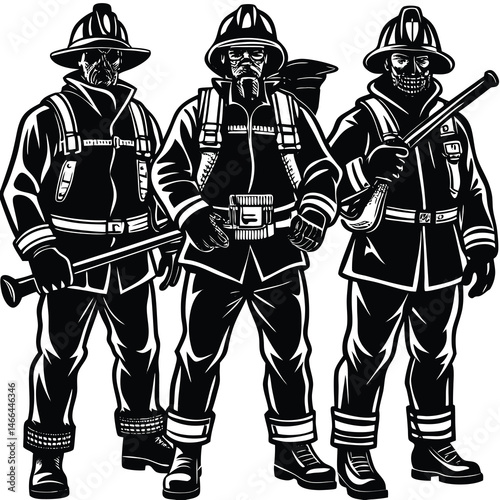 Vector illustration of three courageous firefighters in uniform ready for action