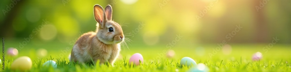 Fototapeta premium Adorable fluffy rabbit sitting on grass with pastel easter eggs, eggs, cheerful, cute