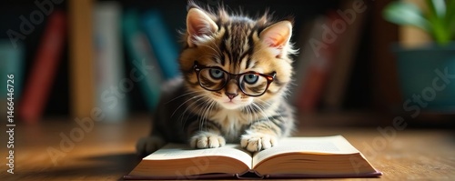 Adorable fluffy kitten with glasses engrossed in reading novel, reading, cat, glasses