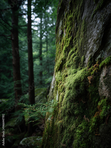 A weathered, moss-covered rock face looms large in the frame, its textured surface rich with shades of green, against a blurred backdrop of a deep, verdant forest.