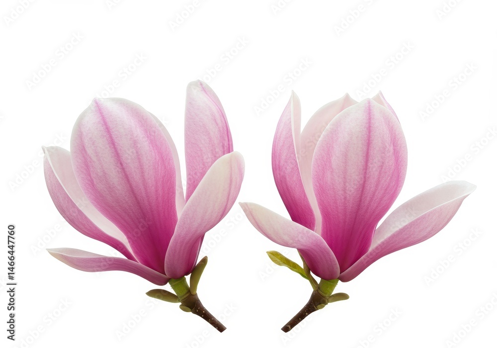 Naklejka premium Two pink magnolia blossoms with delicate petals isolated against a clean white background