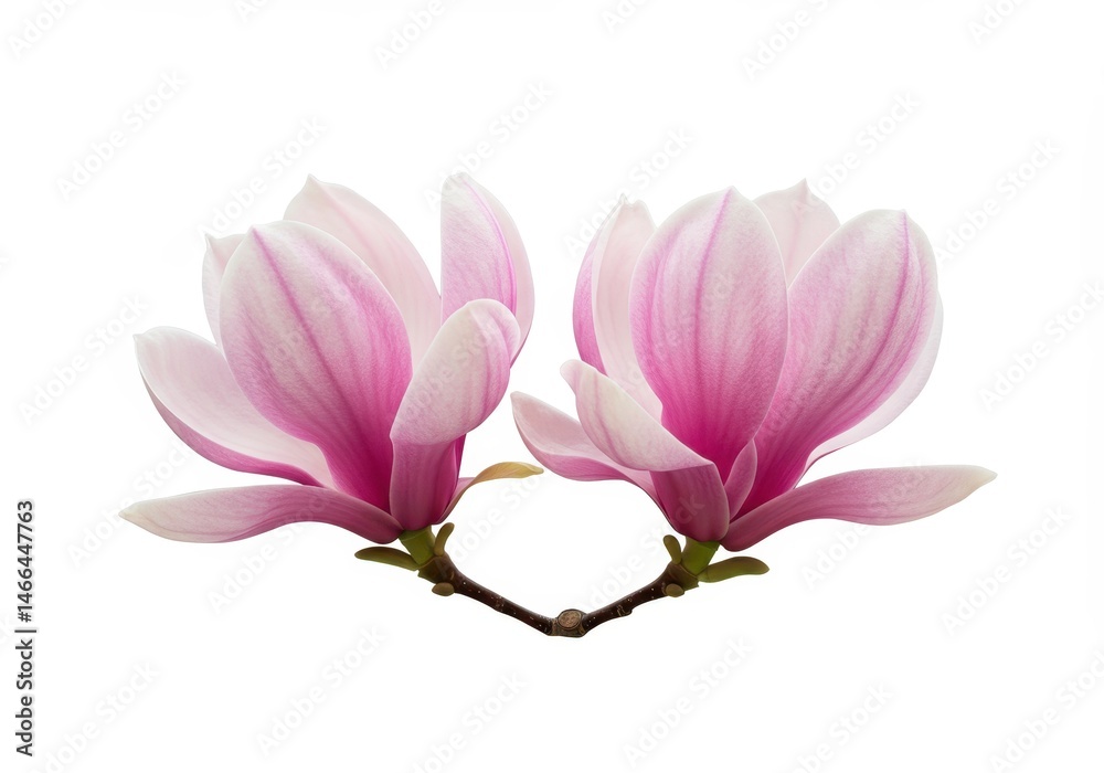 Two pink magnolia blossoms are displayed on a white background, showcasing their delicate petals and elegant form Two pink magnolia blossoms are displayed on a white background, showcasing their delicate petals and elegant form