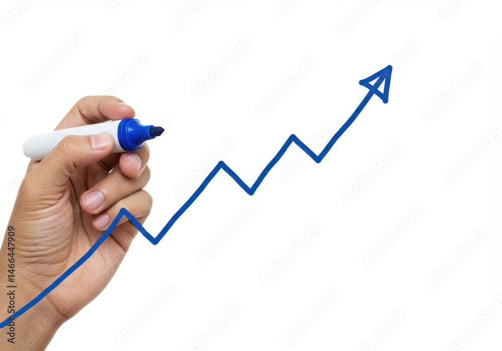 Hand drawing a blue upward trending line graph with a marker on a white background