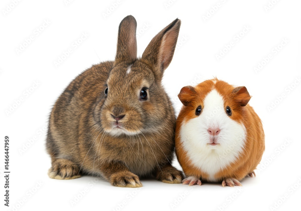 Fototapeta premium Rabbit and guinea pig sitting side by side on a white background looking at the viewer