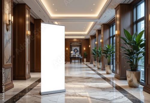 A blank retractable banner stand in a luxurious hotel lobby with plants and marble flooring visible