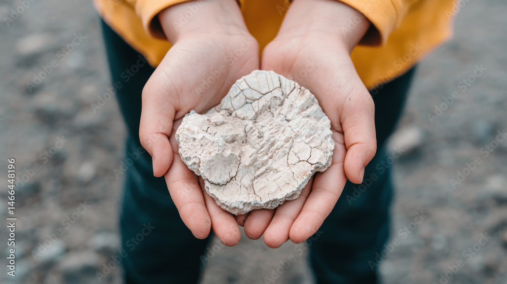 Closeup hands holding ancient fossilized stone, outdoor discovery, curiosity, childhood learning, natural history