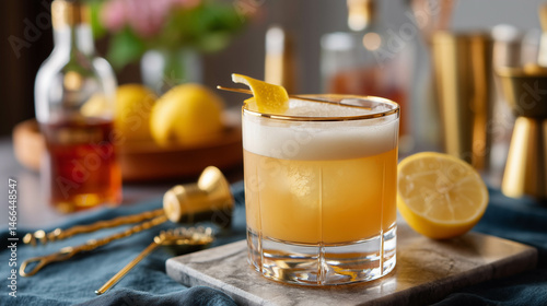 An artful whiskey sour with frothy top, lemon twist, and gold-toned bar tools around it for a sophisticated setup.