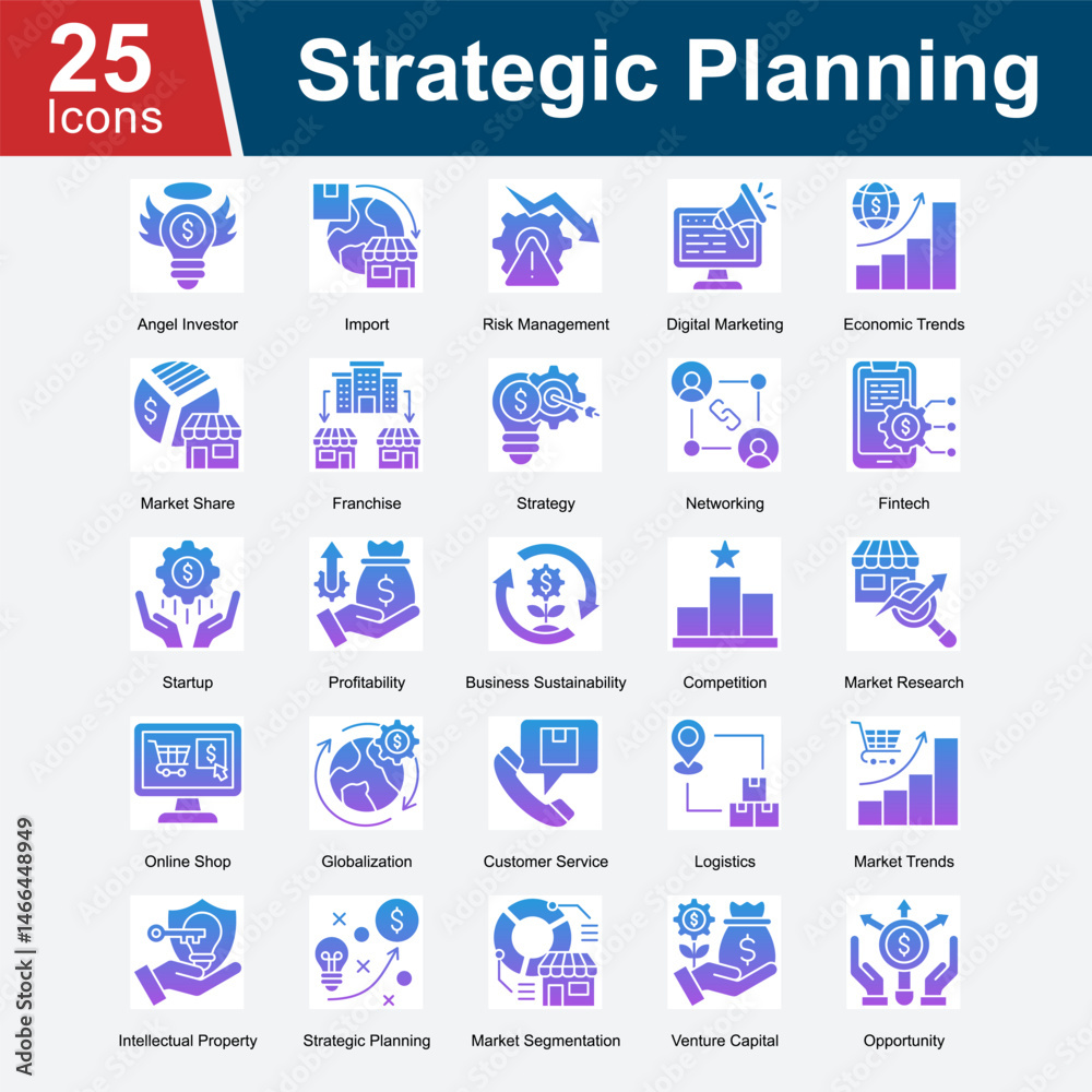 Strategic Planning is a collection of icons highlighting key elements in business strategy, including investment, risk, competition, growth, marketing, and long-term vision for success. Strategic Planning is a collection of icons highlighting key elements in business strategy, including investment, risk, competition, growth, marketing, and long-term vision for success.