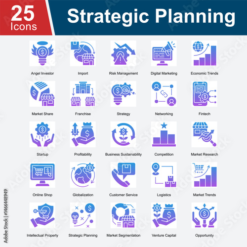 Strategic Planning is a collection of icons highlighting key elements in business strategy, including investment, risk, competition, growth, marketing, and long-term vision for success. 