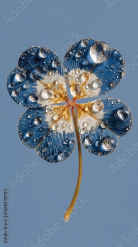 Four-leaf clovers adorned with dewdrops on a blue background – perfect for lucky-themed visuals, inspirational greeting cards, or minimalist phone wallpapers.