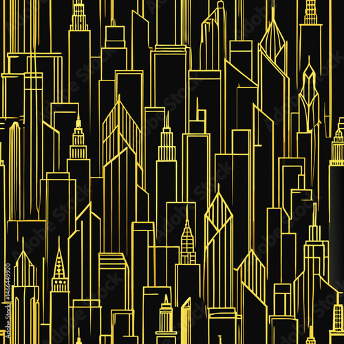 Seamless vector pattern of skyscrapers in metallic gold outline  
