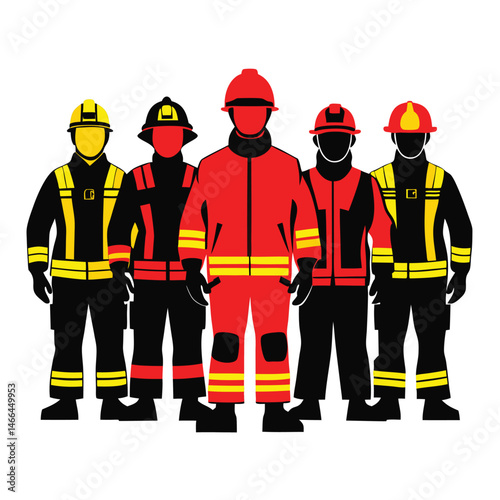 Five firefighters in uniform standing together representing emergency services and teamwork