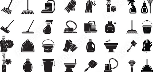 Cleaning accessories line icon set. Broom, mop, spray bottle, gloves, bucket, sponge and hygiene tools. Outline vector icons. Pictogram collection