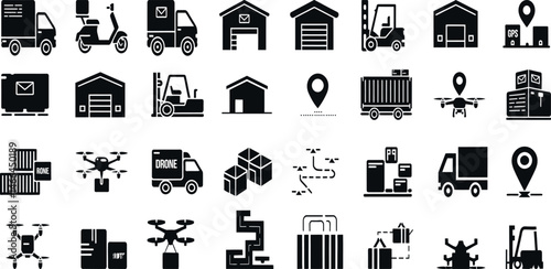 Delivery line icon set. Parcel, cargo, truck, courier, shipping box, location pin and express service. Outline vector icons. Pictogram collection