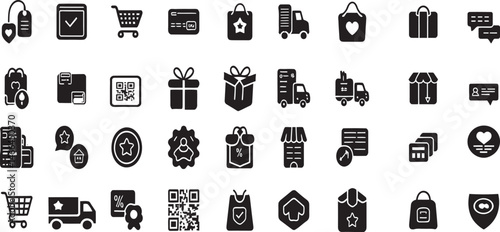 E-commerce line icon set. Shopping cart, online store, payment, product, sale tag, mobile commerce and checkout. Outline vector icons. Pictogram collection