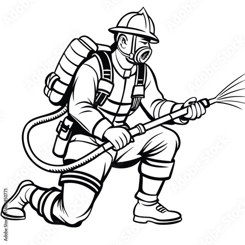 Black and white illustration of a kneeling firefighter with breathing apparatus and a hose spraying water.
