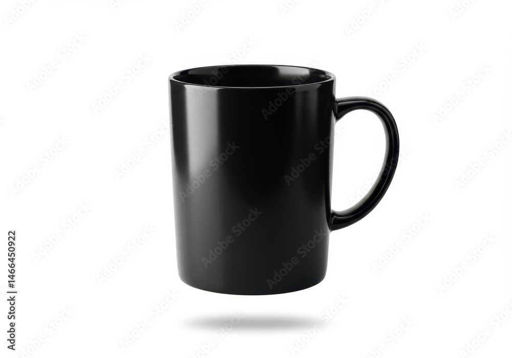 A simple black ceramic mug with a handle casts a soft shadow against a clean white background
