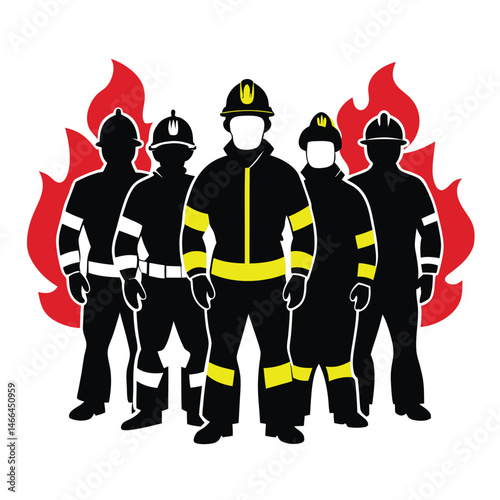 A team of courageous firefighters standing in front of abstract flames in a vector illustration