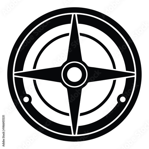 Black compass rose with a circle element shows direction and location for maps