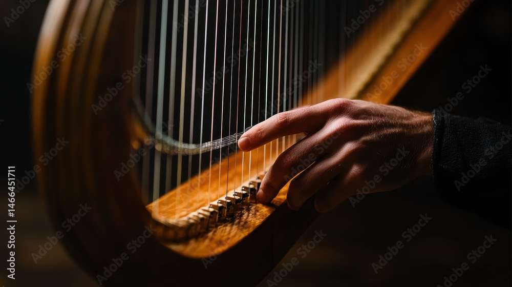Closeup hand playing harp strings, wooden musical instrument, warm lighting, artistic, emotional, music performance, focus on detail