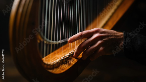 Obraz na płótnie Closeup hand playing harp strings, wooden musical instrument, warm lighting, artistic, emotional, music performance, focus on detail w salonie