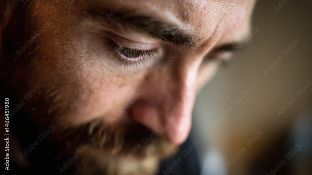 Fototapeta premium Man in deep thought, looking down with focus. Introspection and quiet determination in a moment of reflection.
