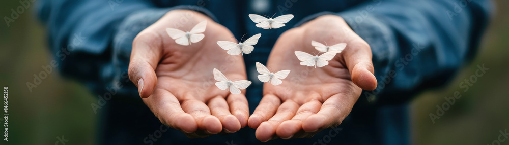 Hands gently releasing white moths into night sky, symbolizing freedom and hope in serene, emotional moment