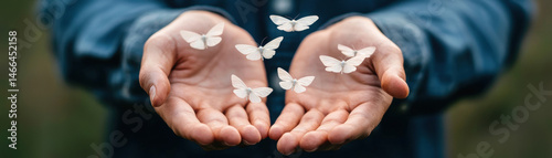 Obraz na płótnie Hands gently releasing white moths into night sky, symbolizing freedom and hope in serene, emotional moment w salonie