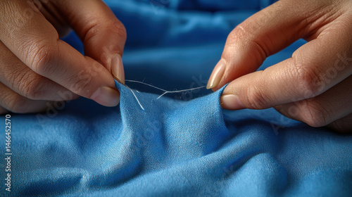 Obraz na płótnie Closeup hands sewing blue fabric, delicate stitching, soft textile, gentle touch, creative process, calm mood, detailed texture w salonie