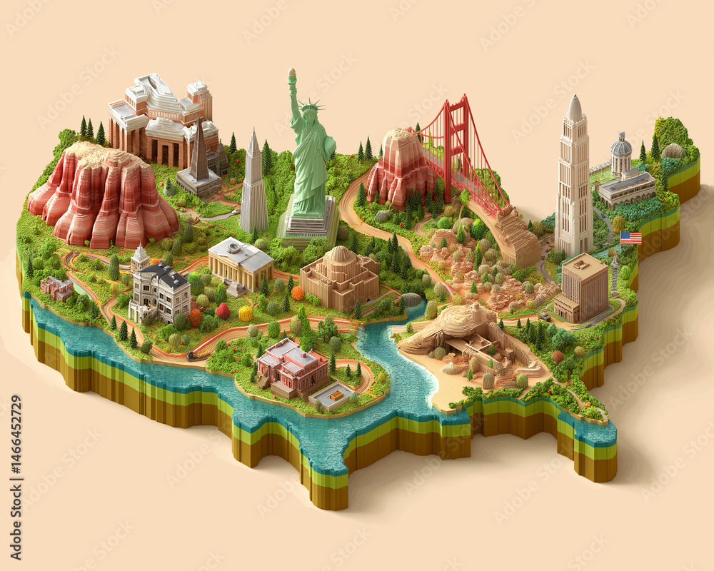 Fototapeta premium United States Map Model: A vibrant, detailed 3D model of the United States, featuring iconic landmarks and geographical highlights. Capturing the essence of travel, culture.