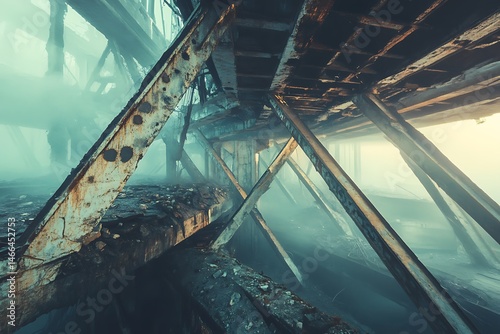 A deteriorating structure featuring contorted metal components

