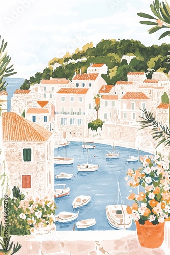 Detailed Gouache Illustration of Dubrovnik in Croatia on a Sunny Morning with Soft Pastel Colors and Vintage Feel