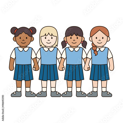GIRL STUDENTS HOLDING HANDS children illustration simple outline drawing character doodle diverse race and ethnicity people cute kawaii style