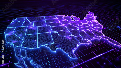 U.S.A. Map of Digitalization: A detailed and futuristic rendering of the U.S.A. map illuminated with a glowing neon light effect, showing advanced digital connectivity