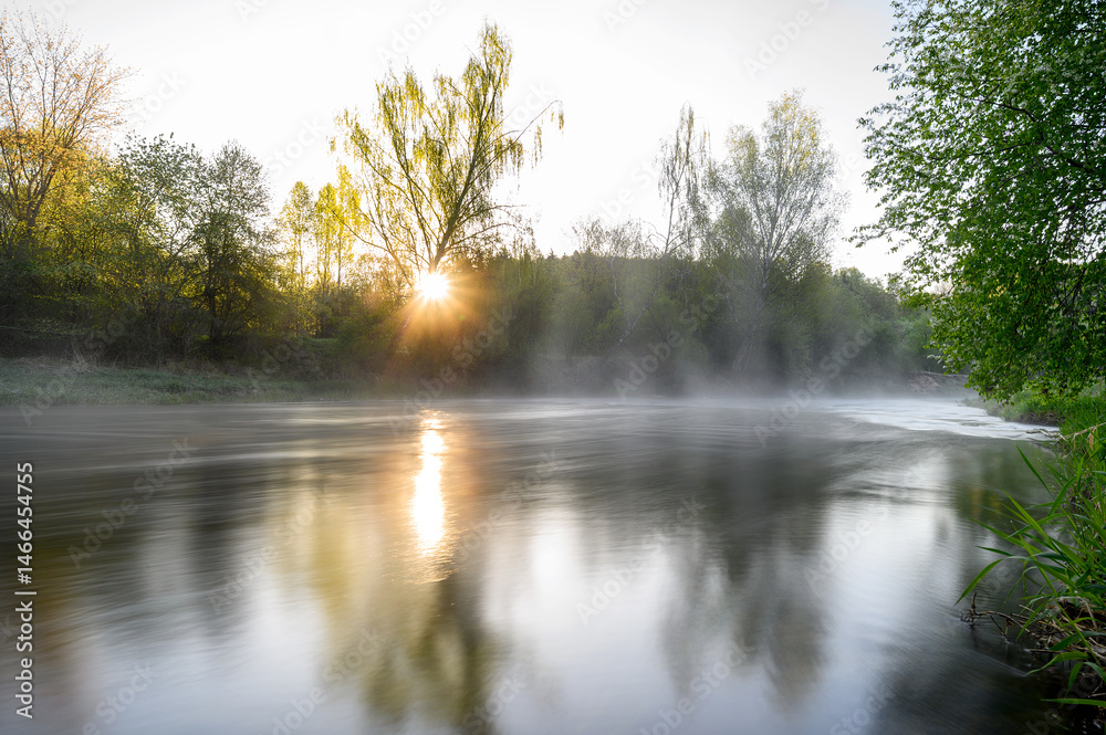 Sunrise over a misty river surrounded by lush green trees in spring. Tranquil nature landscape with calm water, fog, and golden sunlight reflecting on the surface. Ideal for eco, travel, wellness.