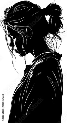 Silhouette woman in profile with hair in a bun, looking down, on a transparent background, representing contemplation or sadness