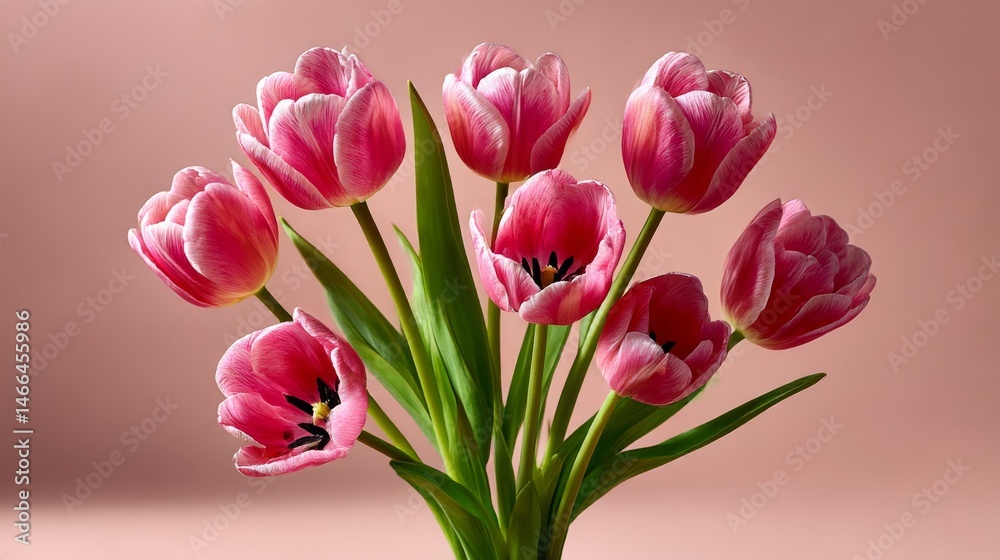 Obraz premium Elegant Pink Tulips Bouquet on a Soft Rose Background, a Floral Still Life that Captures the Beauty of Spring