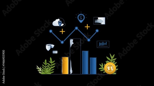 Dollar and coin resting on ascending bar graph, a visual representation of financial growth investment