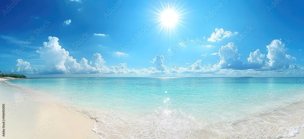 Fototapeta premium Tranquil turquoise sea meets pristine white sand beneath a bright sunny sky with fluffy clouds