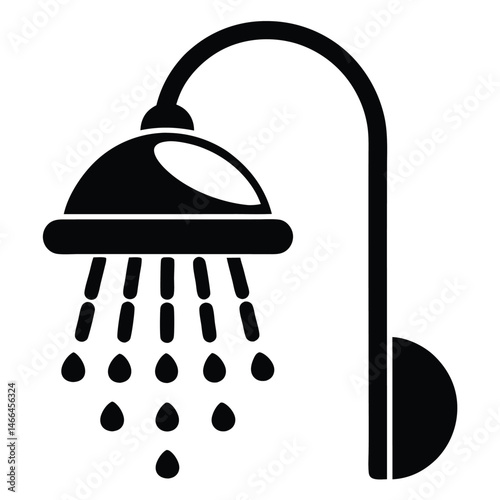 A black shower head emits a stylized flow of water droplets from above now