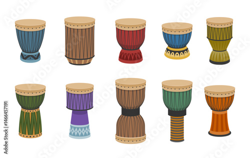 Traditional African drums tam tam musical instrument set isometric vector illustration