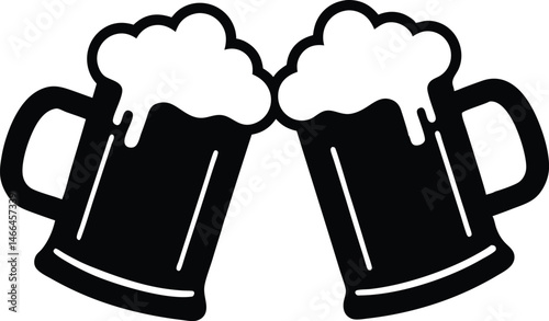 Two clinking beer mugs silhouette vector, Beer mug black symbol, beer glass isolated 