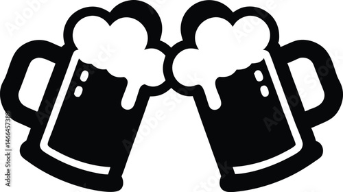 Two clinking beer mugs silhouette vector, Beer mug black symbol, beer glass isolated 
