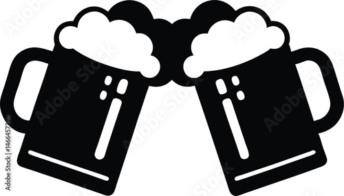Two clinking beer mugs silhouette vector, Beer mug black symbol, beer glass isolated 