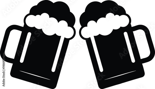 Two clinking beer mugs silhouette vector, Beer mug black symbol, beer glass isolated 