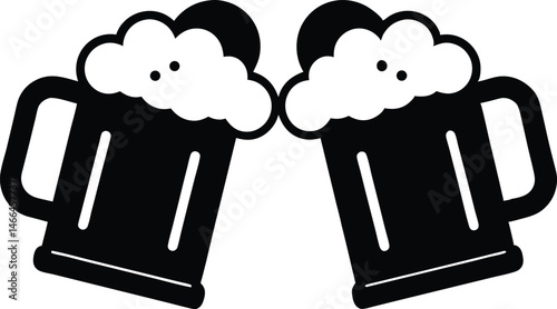 Two clinking beer mugs silhouette vector, Beer mug black symbol, beer glass isolated 