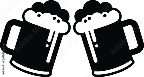 Two clinking beer mugs silhouette vector, Beer mug black symbol, beer glass isolated 