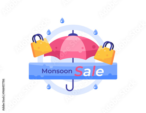 monsoon sale concept. illustration of an umbrella with shopping bags and raindrops. flat style design. design elements, advertisement, celebration, event, special, offer, promotion