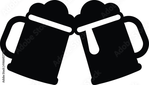 Two clinking beer mugs silhouette vector, Beer mug black symbol, beer glass isolated 