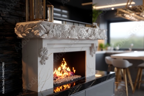 White marble fireplace mantel with floral carvings, burning fire, gold decor, dark stone wall background